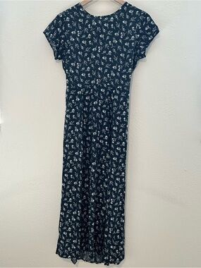 Lulus Navy Floral Maxi Dress Short Sleeve Tie Back Side Slit Romantic Date Night
